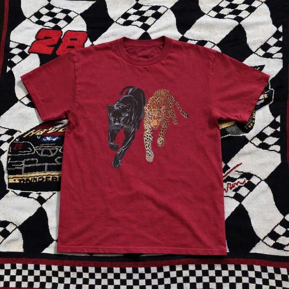 Red Y2K Graphic Tee With Cheetah And Panther Design